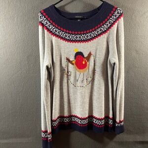 Talbots lambs wool novelty Sweater large Bird Fair Isle Winter Gray christmas